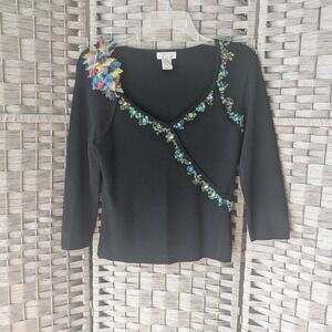 Vtg Y2K Knit Top Black Stretch Beaded Sequin Embellished Floral Sz M Whimsigoth